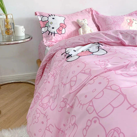 Cute Double Cotton Bedding Set with Four-Piece Linens, Pillowcase, Textile for Girl's Dormitory Bedclothes