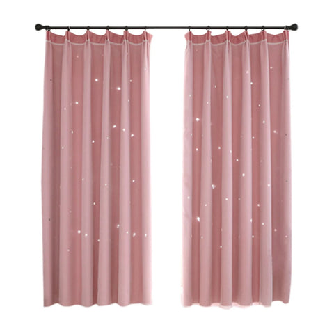 Bright Double Layer Blackout Star Hollow Curtains with Lace Tulle Fabric for Home Living Room Bedroom Window Decor