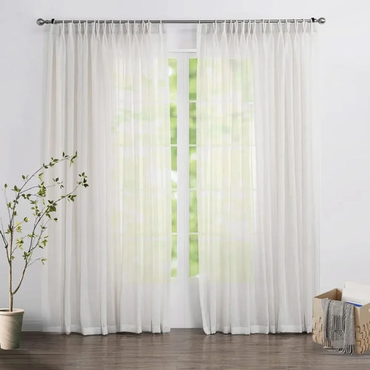 Sheer White Curtains 96 inches Long, Faux Linen Pinch Pleated Window Sheer Curtains Panels Drapery , 42" W x 96" L, Set of 2