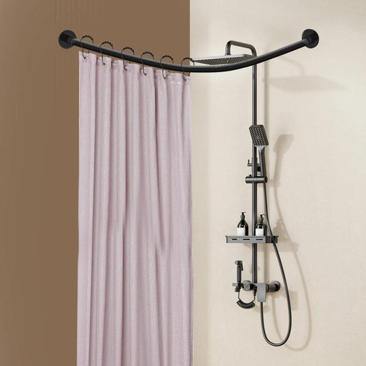 Shower Curtain Rail L Shape, No Drilling Shower Rail Corner Bathtub Stainless Steel Telescopic Rod with Shower Curtain Rings