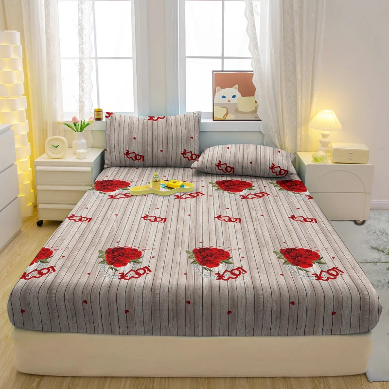 1 Simple Modern Heart-Shaped Printed Matte Fitted Sheet, Bedroom Printed Bed Cover, Bedding (Excluding Pillowcases)