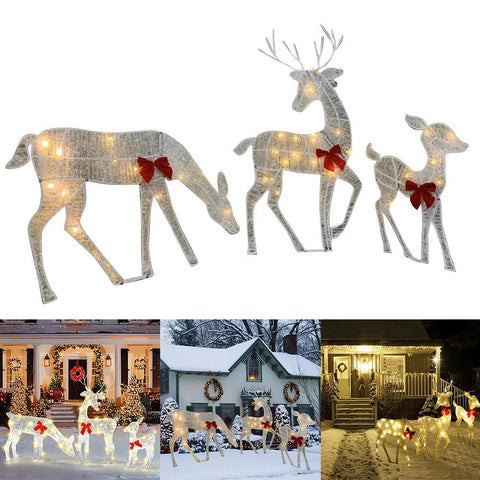 3Pcs LED Light Bucks Iron Art with 5Pcs LED String Light 2D Deer Christmas Decor Light Up Bucks Metal for Yard Patio Lawn Decor