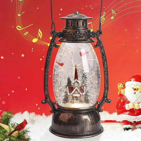 Christmas Snow Globe Lantern, Christmas Village Church Scene Lighted Snow Globes Musical with Swirling Glitter