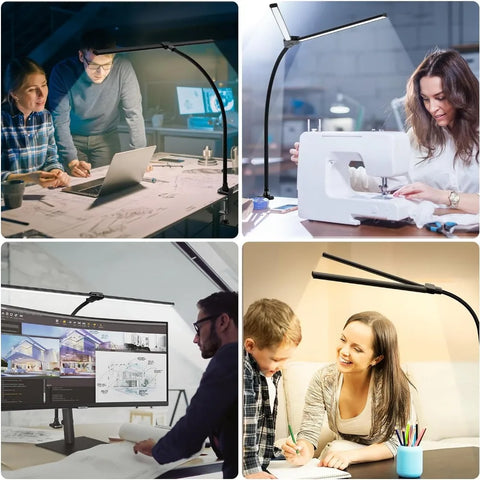 ShineTech Led Desk Lamp for Office Home, Bright Double Head Desk Light with Clamp, Architect Task Lamp 50 Lighting Modes Adjusta