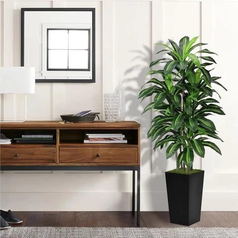 Artificial Dragon's Blood Tree 5 ft - Fake tree with black tall planter - Artificial plant Home office living room decoration