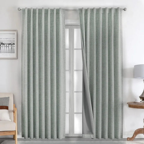 Blackout Linen Curtains Long 100% Blackout Drapes 95 inch Length 2 Panels Set