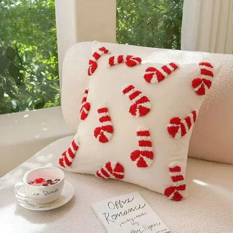 Christmas Pillowcase Christmas Hat Cane Pattern Hidden Zipper 3D Plush Pillowcase New Year's and Christmas Decoration