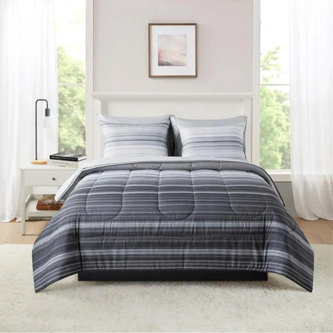 Grey Ombre Stripe Bed-in-a-Bag Set Comforter Shams Sheet Reversible Pattern Soft Polyester Machine Washable Queen Size Adult &