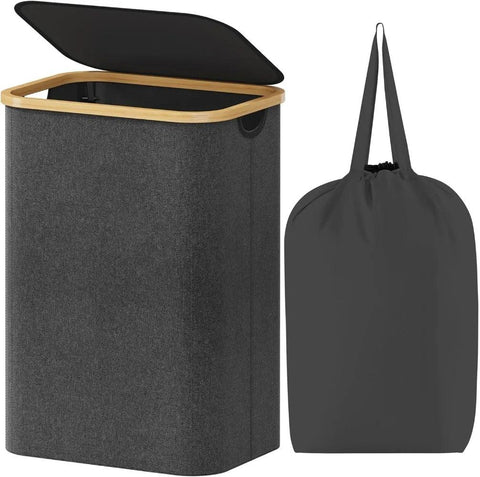 Laundry Basket with Lid/Laundry with Bamboo Handles and 2 Removable Laundry Bags/Large Foldable for Bedroom BathroomDorm Black