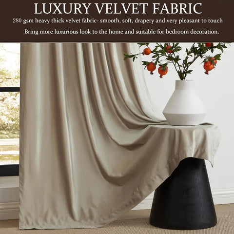 100% Full Blackout Champagne Beige Velvet Curtains 108 inch Long ,Set of 2 Liner Rod Darkening Heavy Decorative Curtains