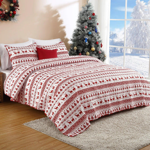 Christmas Quilt Set Queen/King Size Boho Bedspread Coverlet Sets with Christmas Tree Reindeer Snowflakes Reversible Pattern for