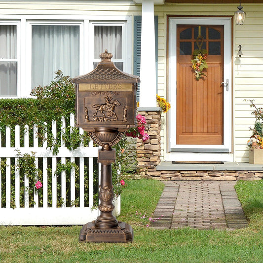 Cast Aluminum Mailbox with Post, Heavy Duty Postal Box with 2 Keys, Baffle Door, Expansion Bolts, Address Panel, In-Ground Large