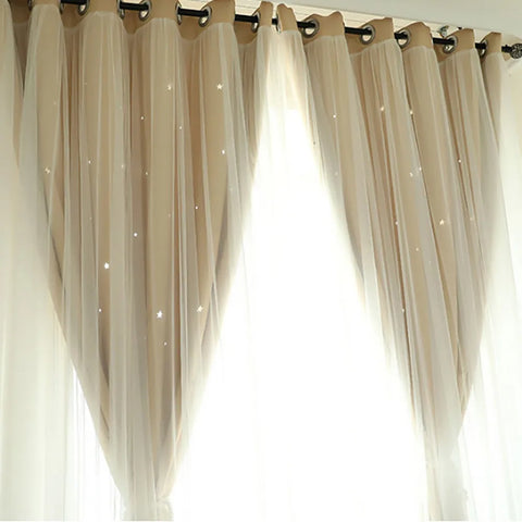 Bright Double Layer Blackout Star Hollow Curtains with Lace Tulle Fabric for Home Living Room Bedroom Window Decor