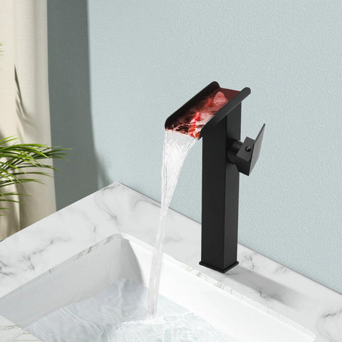 Black Tall LED Waterfall Basin Bathroom Faucet Deck Mounted Hot Cold Water Mixer Taps Three Color Change By Water Flow