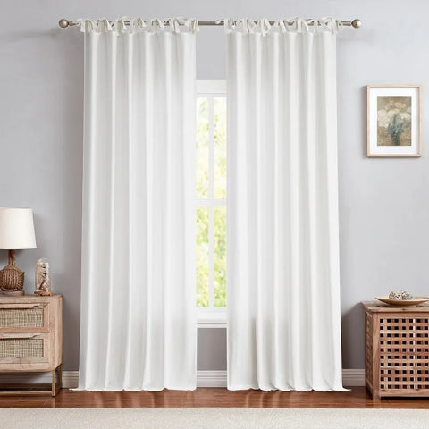 White Tie Top Curtain Semi Sheer Window Treatment Linen Cotton Blend Decorative for Living Room Drape 108 Inch Length