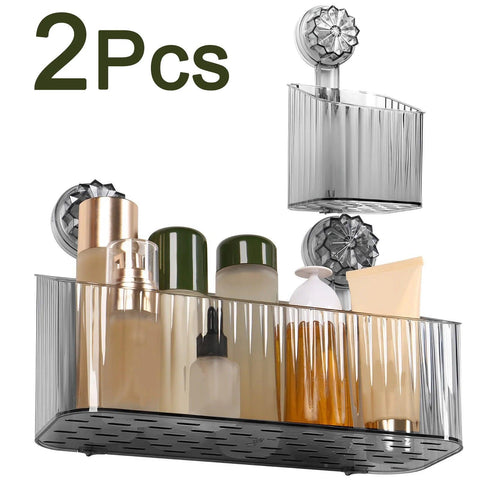 2Pcs Bathroom Organizer With Suckers Wall-mounted No Drill Shower Makeup Shelf Clear Self-Drainage Kitchen Bath Storage Rack