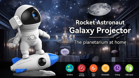 Rocket Astronaut Galaxy Projector Night Light Lamp And 13 Film Pieces Sky Projector 360° Rotate Planetarium For Kids Bedroom