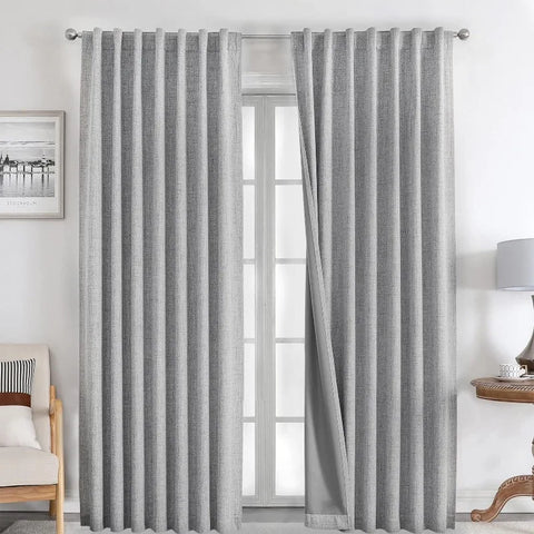 Blackout Linen Curtains Long 100% Blackout Drapes 95 inch Length 2 Panels Set