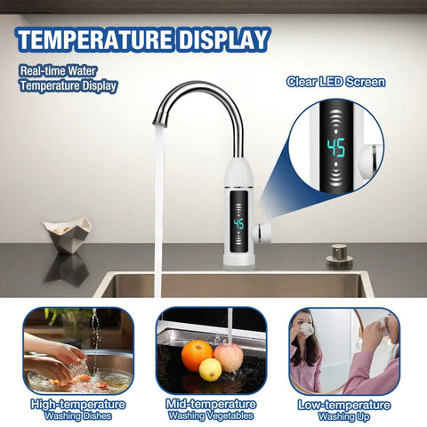 3KW 360-Degree Rotating Faucet Wear Resistance Electric Digital Display Faucet for Kitchens and Bathrooms