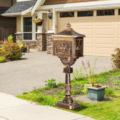 Cast Aluminum Mailbox with Post, Heavy Duty Postal Box with 2 Keys, Baffle Door, Expansion Bolts, Address Panel, In-Ground Large