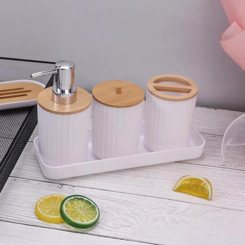 7 Pcs Bathroom Accessories Set, Bamboo Bath Ensemble