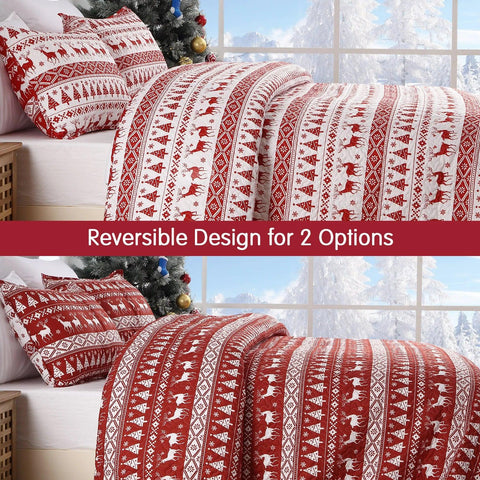 Christmas Quilt Set Queen/King Size Boho Bedspread Coverlet Sets with Christmas Tree Reindeer Snowflakes Reversible Pattern for