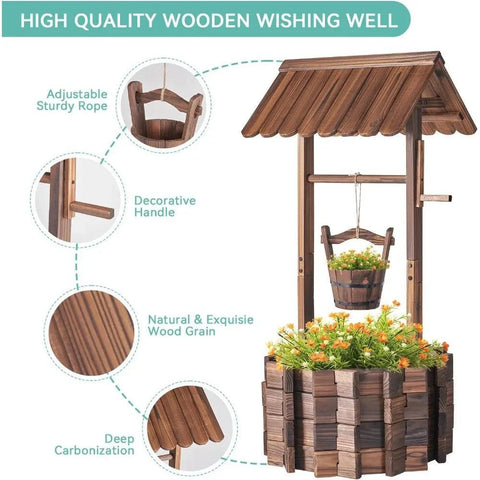 Wooden Wishing Well Planter with Hanging Bucket for Flower and Plants Indoor and Outdoor, Rustic Flower Planter Patio Garden