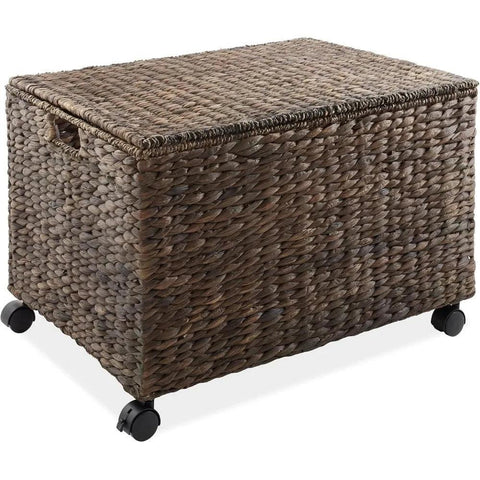 Rolling Storage Basket Cart with Lid and Locking Wheels, - Handwoven Water Hyacinth Divided Recycling Sorting Bin