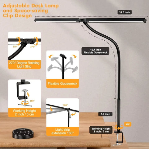 Led Desk Lamp for Office Home - Eye Caring Architect lamp with Clamp,Dual Screen Computer Monitor Gooseneck Smart Light: 24W 5 C