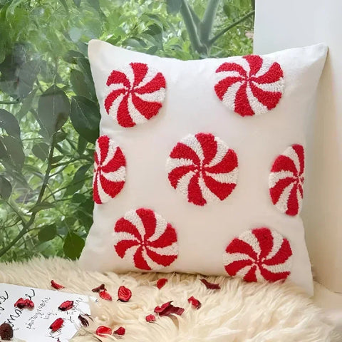 Christmas Pillowcase Christmas Hat Cane Pattern Hidden Zipper 3D Plush Pillowcase New Year's and Christmas Decoration