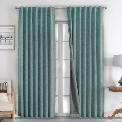 Blackout Linen Curtains Long 100% Blackout Drapes 95 inch Length 2 Panels Set