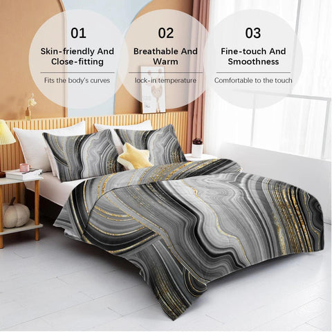 3 Piece Black and Gray Marble with Golden Lines Printed Comforter Set Comfortable Quilt Set Suitable for All Seasons Home Decor