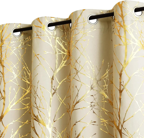 Metallic Tree Blackout Curtains Bedroom Length Living-Room Branch Print Curtain Panels Triple Weave Thermal Insulated Drapes