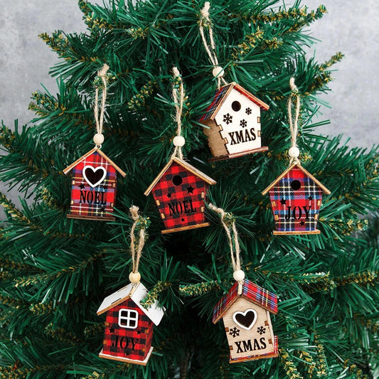 Christmas Red House Wooden House Pendant Decoration Christmas Tree Pendant 2024 Xmas Festival Home Ornaments Hanging Gift L5