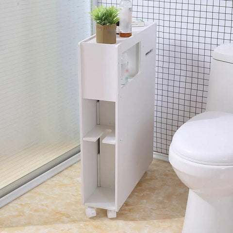 Slim Bathroom Cabinet Storage Organizer with Shelves Slide Out Drawer Free Standing Floor Side Toilet Cabinet White