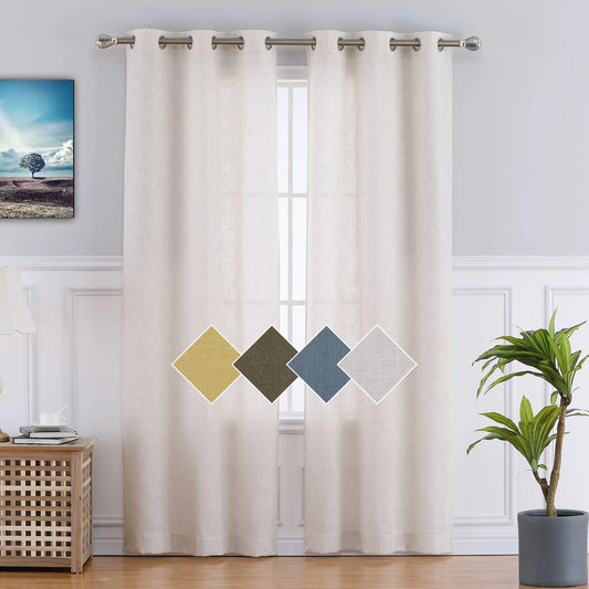 2 pcs Natural Linen Blend Textured Semi-Sheer Grommet Window Curtain Panels for Living Room Bedroom Curtains, 37 x 63 Inch