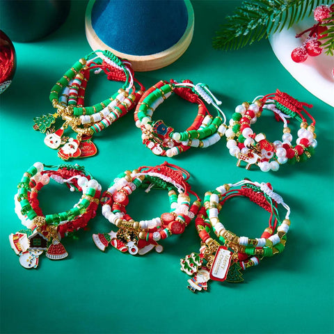 4Pc/Set Merry Christmas Tree Santa Claus Bracelet For Women Xmas Deer Crystal Polymer Clay Beads Woven Bracelet New Year Jewelry