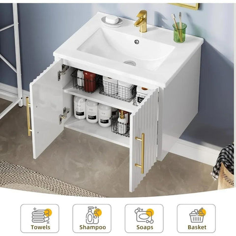 24" Small Bathroom Vanity with Sink Combo Set, Wall Mounted Cabinet with Ceramic Sink, Modern Floating Bathroom Cabinet,White