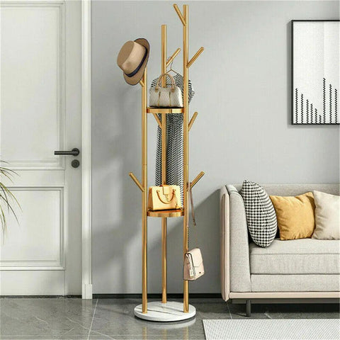 Marble Metal Coat Rack Freestanding with 3 Storage Shelves and 9 Hooks, Enterway Hall Tree for Hanging Coats, Jackets, Hats, Bag