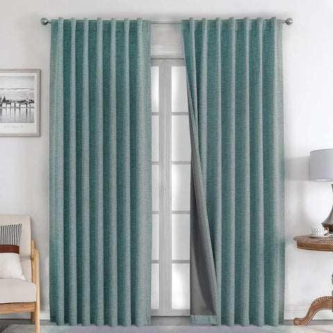 Blackout Linen Curtains Long 100% Blackout Drapes 95 inch Length 2 Panels Set