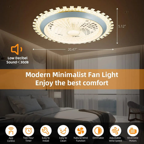 20.5" Ceiling Fan with Lights, Enclosed Bladeless Low Profile Flush Mount Ceiling Fans with Remote Control & APP, 3 Colors & 6 S