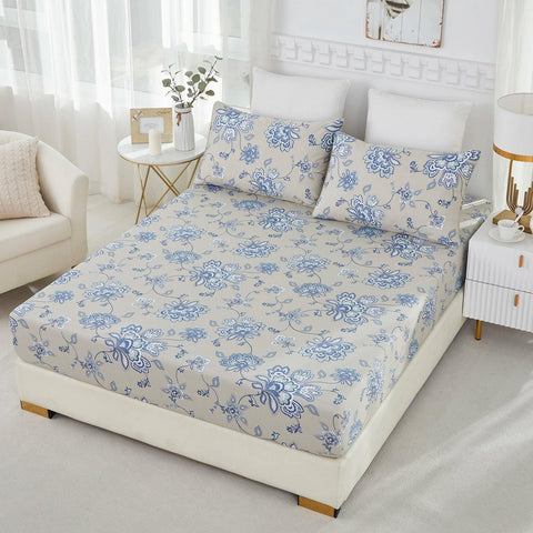 4pcs 600 TC 100% Egyptian Cotton Fitted Sheet Set (Without Core), Blue Floral in Boho Damask Paisley, Soft & Skin-friendly