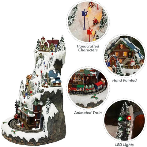 20.5“H Ski Resort Mountain Resin Christmas Village Buildings, Featuring LED Lights, Christmas Music, and Animated Train.