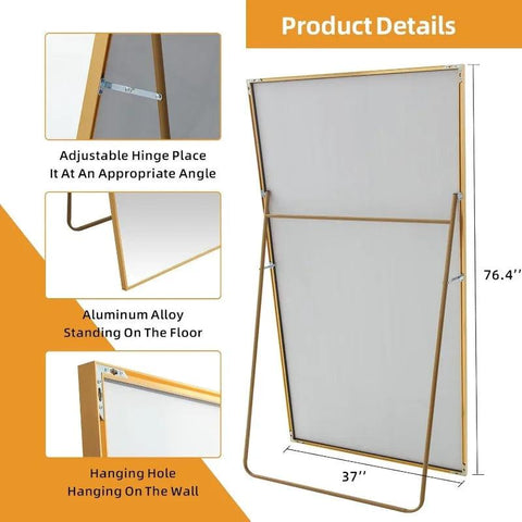 Full Length Mirror, 76.4"x37" Gold Oversized Tempered Floor Mirrors with Stand, Full Body Dressing Mirror Hanging or Leaning