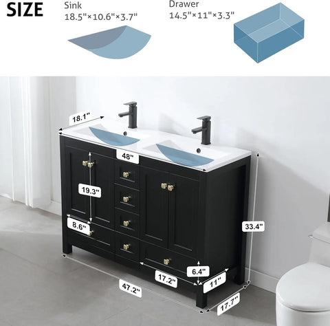 48" Bathroom Vanities Cabinet with Sink Combo Set, Undermount Double Resin Sink w/Thickened Wood, Matte Black Faucet