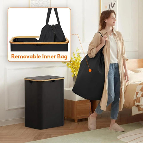 Laundry Basket with Lid/Laundry with Bamboo Handles and 2 Removable Laundry Bags/Large Foldable for Bedroom BathroomDorm Black