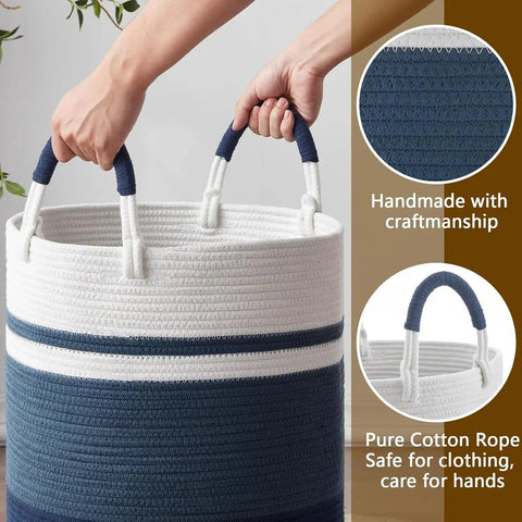 Laundry Hamper, Extra Large Cotton Rope Blanket Basket, Woven Laundry Basket with Handles