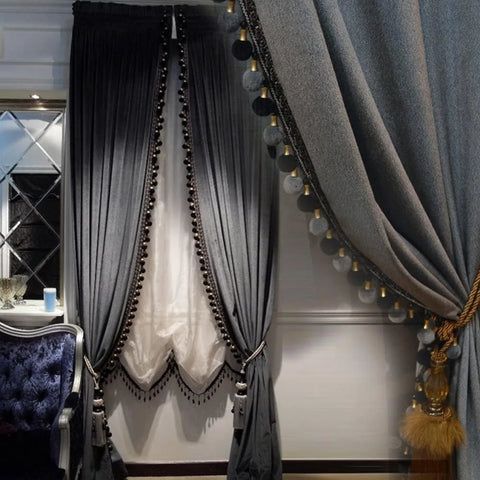 Helen curtain Luxury Pom Poms Curtain for Living Room Blackout Velvet 2 Panels Curtains Set Luxury Tassel Bedroom Curtains