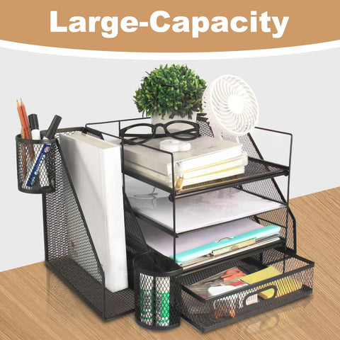 Office Desk Organizer and Accessories Large capacity Desktop 4 Tray File Organizer with Drawer and 2 Pen Holder for School Home