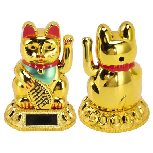 Chinese Lucky Cat Decoration Waving Arm Solar Light Induction Statue Figurine For Home Car Ornaments Golden